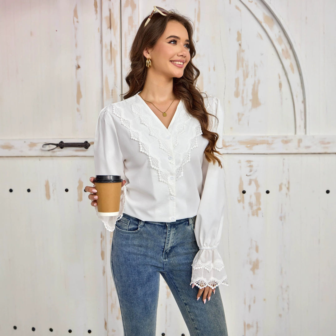 Women's lace blouse with V-neck, crochet trim and button placket Mune Fashion
