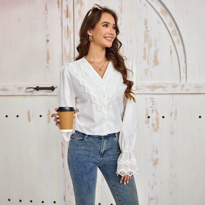 Women's lace blouse with V-neck, crochet trim and button placket Mune Fashion