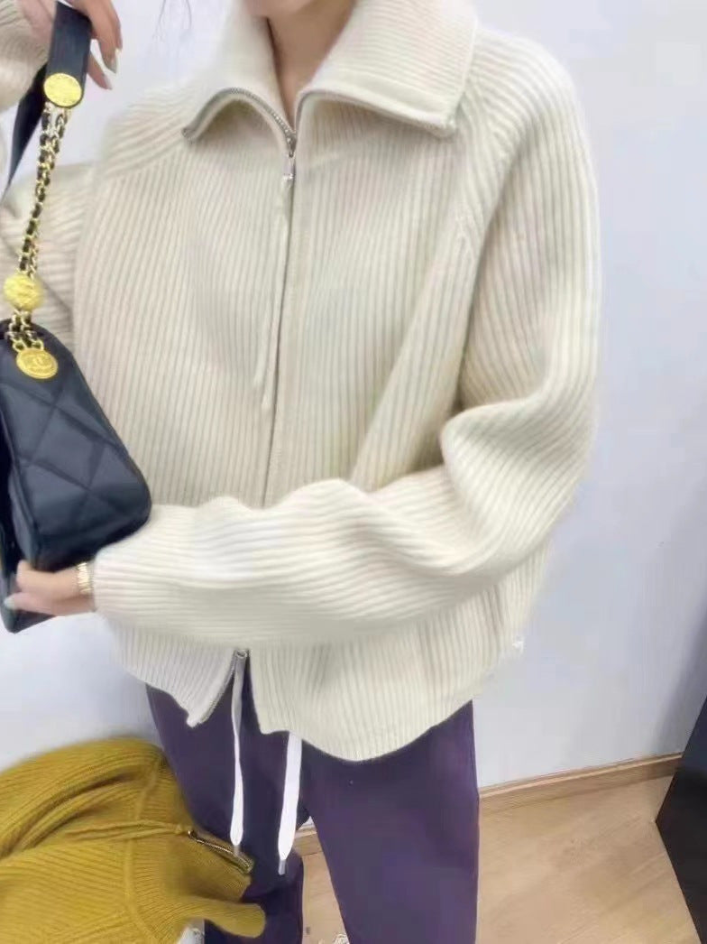 Women's Oversized Cardigan with Zipper, Stand-up Collar and Ribbed Structure Mune Fashion