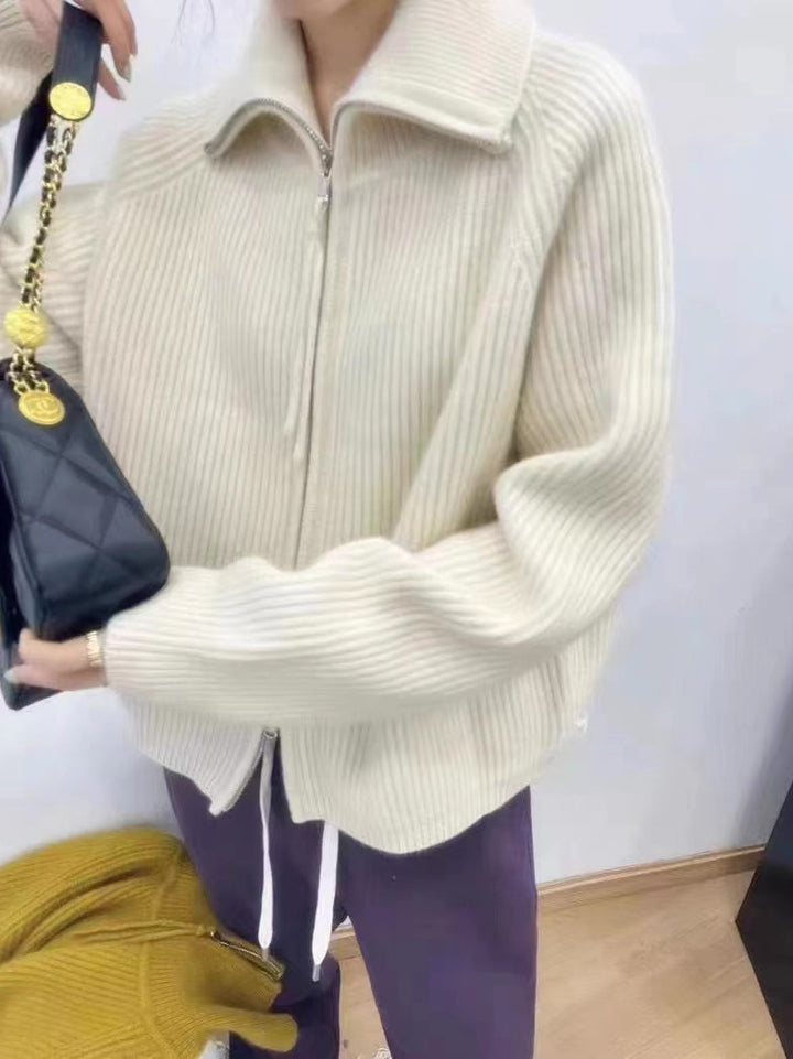 Women's Oversized Cardigan with Zipper, Stand-up Collar and Ribbed Structure Mune Fashion