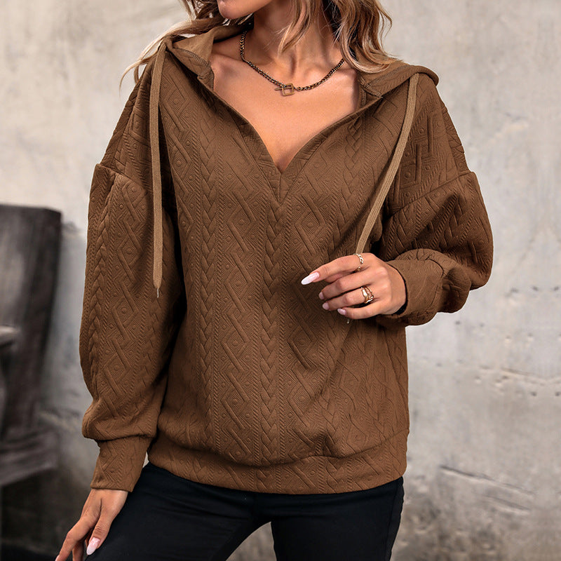 Women's Structured Cable Knit Hooded Sweatshirt with V-Neck and Balloon Sleeves Mune Fashion