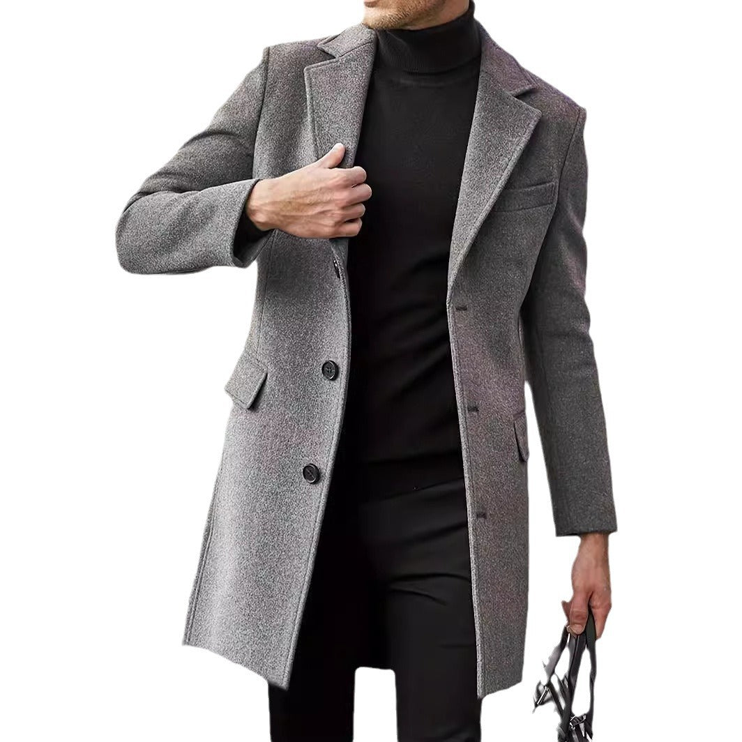 Men's Modern Long Coat made of Wool Blend with Narrow Lapels, Flap Pockets and Slim Fit Mune Fashion