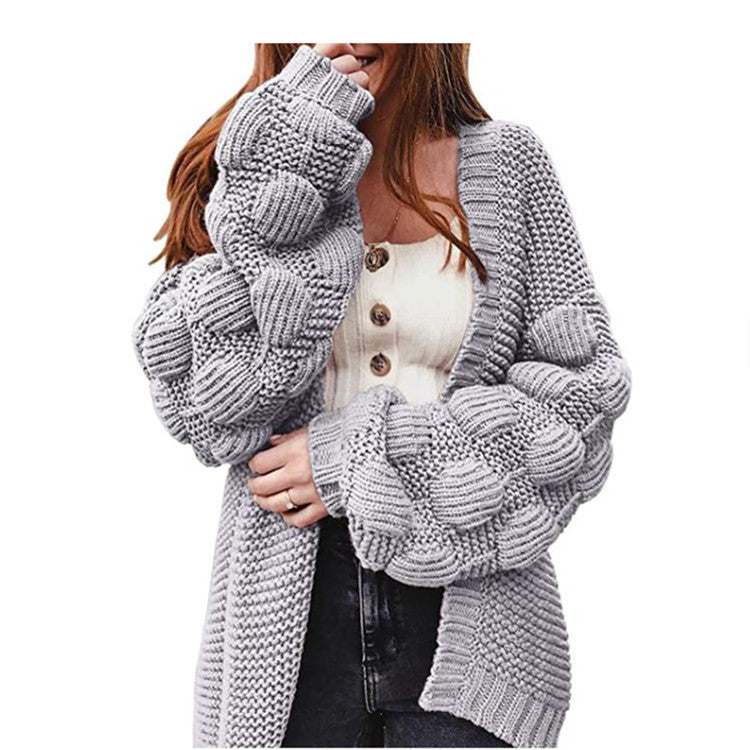 Damen Oversize Grobstrick-Cardigan mit Puffärmeln und offener Front Drune