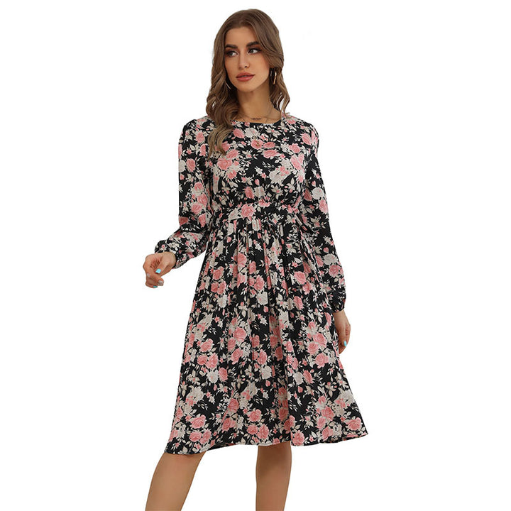 Women's midi dress with floral all-over print, waist gathering, and side slit Mune Fashion