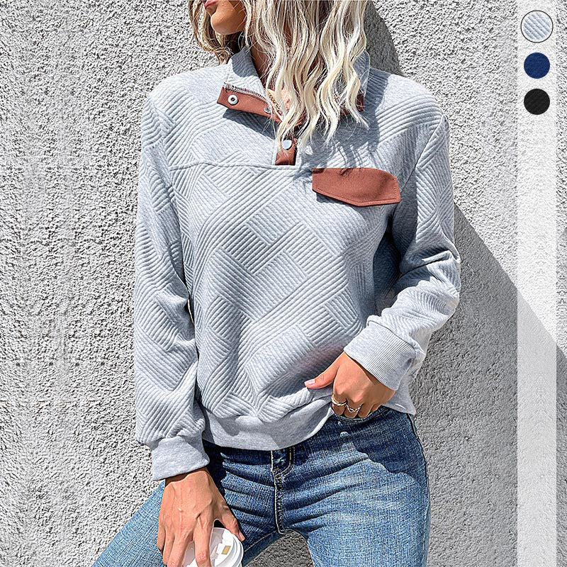 Ladies Trendy Sweater with Stand-Up Collar and Geometric Pattern Mune Fashion