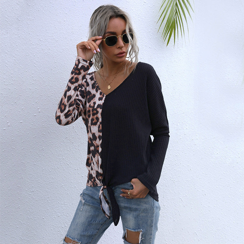 Women's Oversized Long Sleeve with Asymmetrical Material Mix, V-Neck and Knot Front Mune Fashion