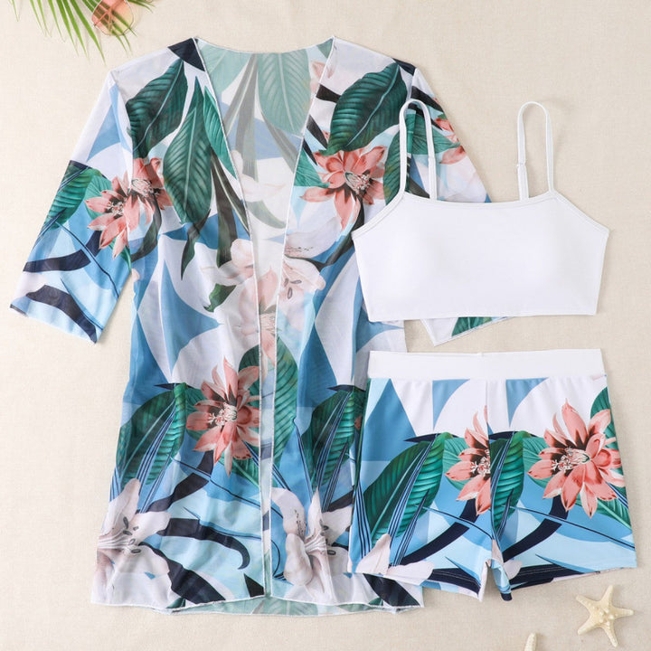Women's Swimwear Set with Floral Pattern Print and Airy Wrap Jacket Mune Fashion