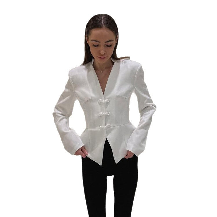 Women's peplum blazer with mandarin-like neckline and decorative knot fastenings Mune Fashion