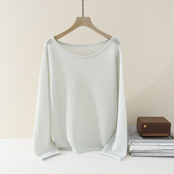 Women Loose Fine Knit Sweater with Boat Neck and Waffle Structure Mune Fashion