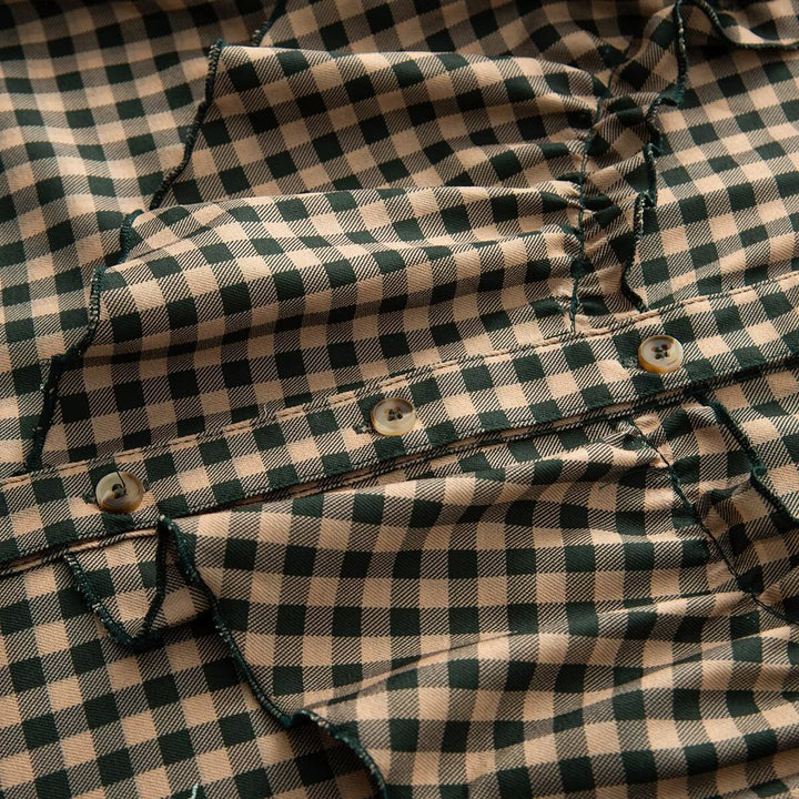Women Checked Ruffled Blouse with Stand-up Collar and Ruffle Details Mune Fashion