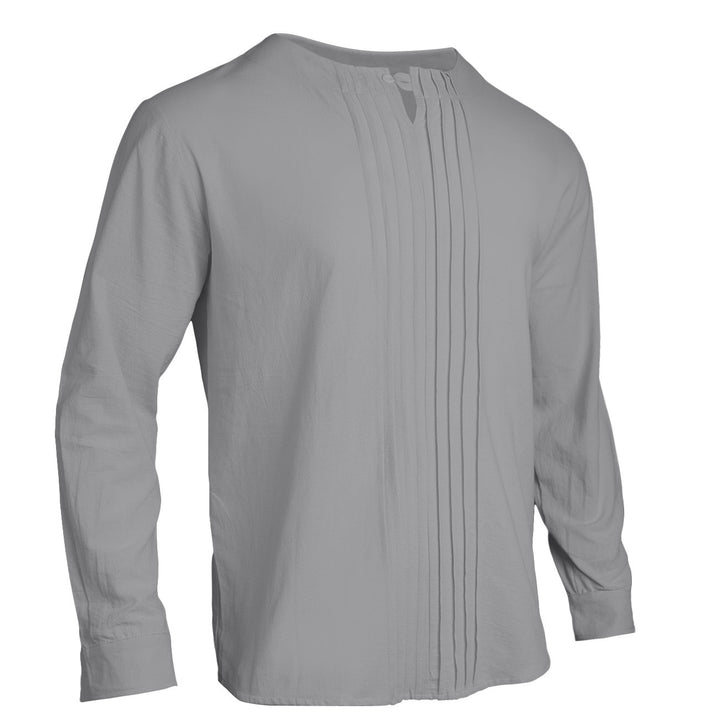 Men's Lightweight Long Sleeve Shirt in Linen Look with Stand-Up Collar, Pleats and Loop Closure Mune Fashion
