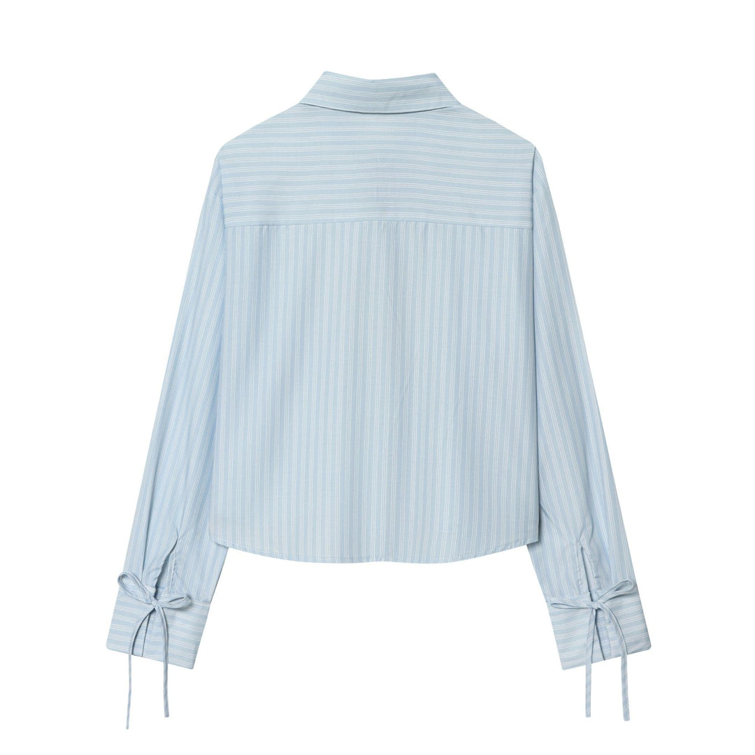 Women's striped blouse with tie front, shirt collar, and wide cuff sleeves Mune Fashion