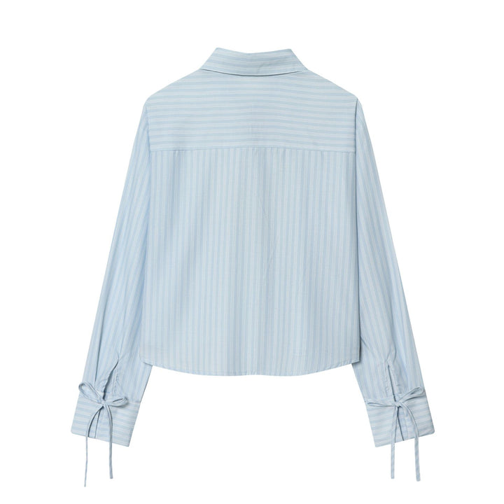 Women's striped blouse with tie front, shirt collar, and wide cuff sleeves Mune Fashion