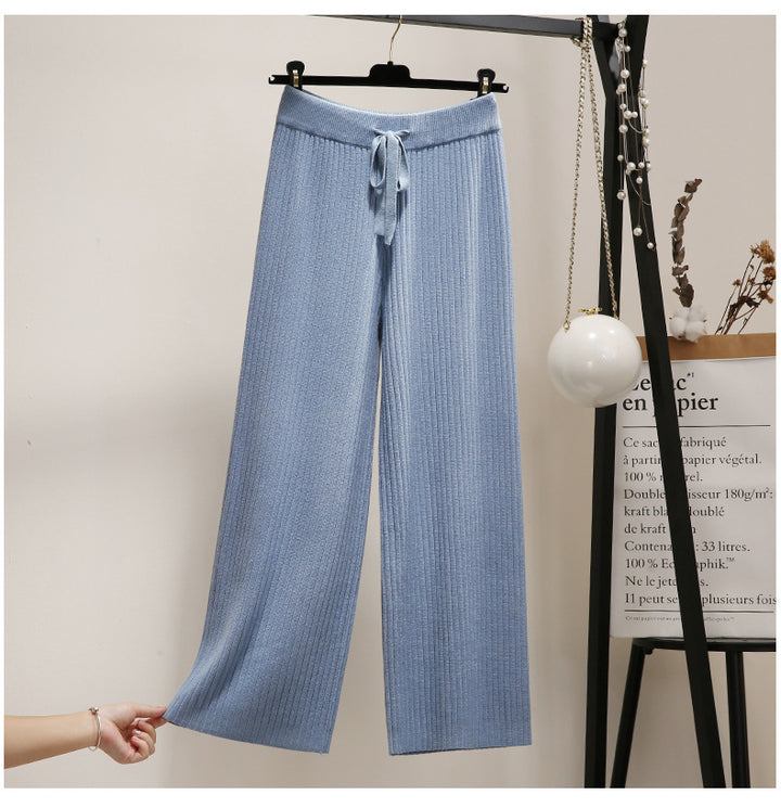 Women's Comfortable Ribbed Knit Pants with Drawstring Mune Fashion