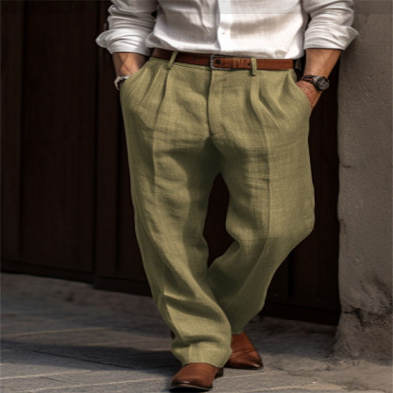 Men's pleated linen chinos with high waist, wide leg and classic side pocket cut Mune Fashion