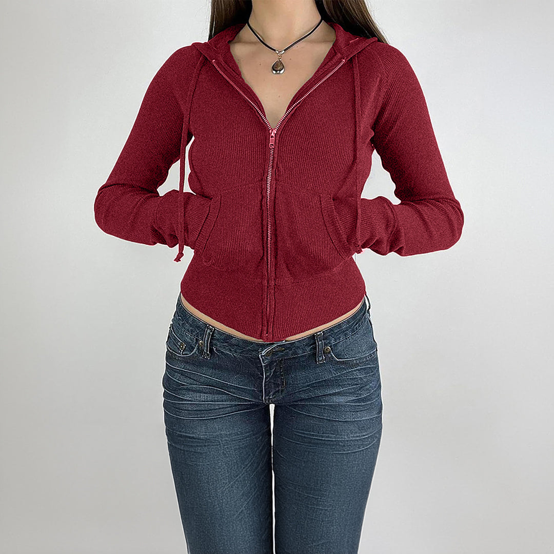 Women’s narrow cut fine knit hoodie jacket with metal zipper, kangaroo pockets and thumb hole cuffs Mune Fashion