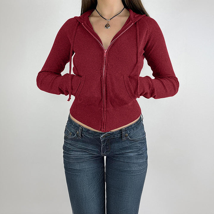 Women’s narrow cut fine knit hoodie jacket with metal zipper, kangaroo pockets and thumb hole cuffs Mune Fashion