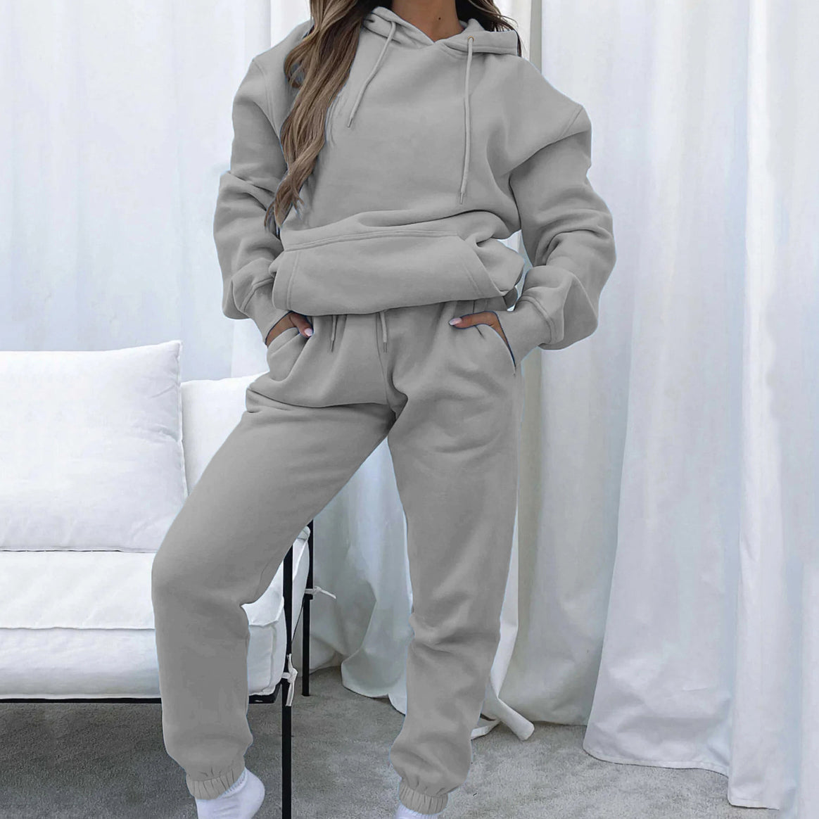 Women's Cozy Cropped Hoodie Lounge Set with High-Cut Drawstring Joggers Mune Fashion