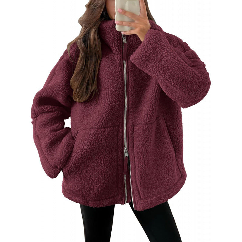Mune | Women's Cozy Teddy Fur Jacket with High Collar and Zipper