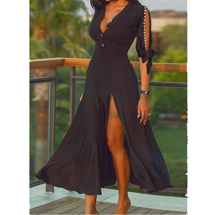Women's maxi dress in evening look with deep V-neck, high front slits and knotted cut-out sleeves Mune Fashion