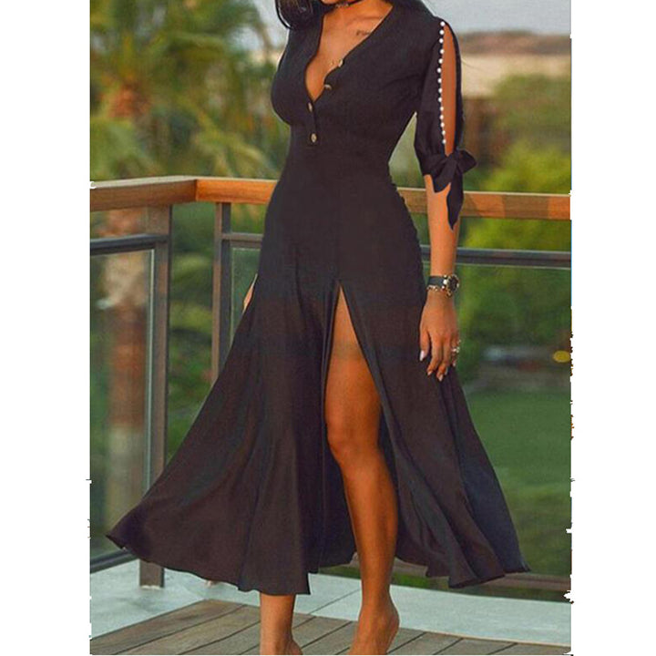 Women's maxi dress in evening look with deep V-neck, high front slits and knotted cut-out sleeves Mune Fashion