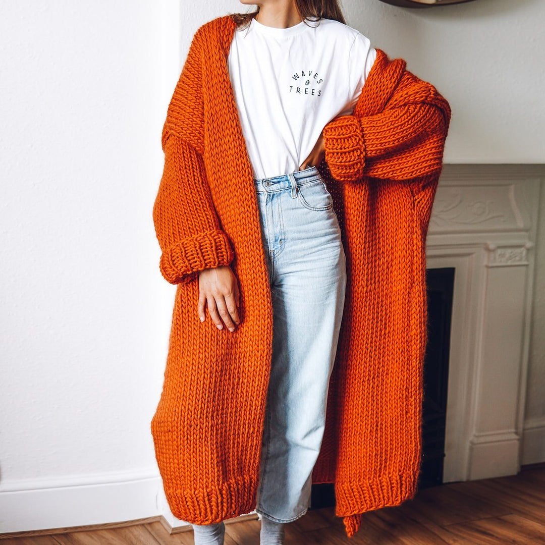 Women Oversize Maxi Chunky Knit Cardigan with Open Front and Voluminous Sleeves Mune Fashion