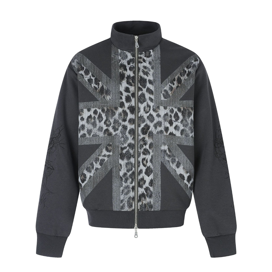 Women's Oversized Sweat Jacket with Stand-up Collar and Leopard Print Mune Fashion