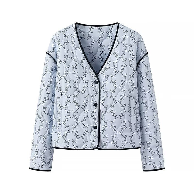 Women's quilted short jacket with V-neck, contrast piping, and floral quilted application Mune Fashion