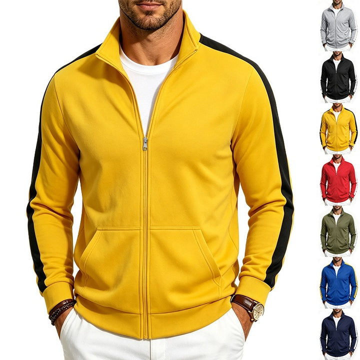 Men's Retro Track Jacket with Stand-up Collar, Contrast Stripes and Kangaroo Pocket Mune Fashion