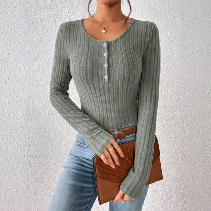 Women Ribbed Fine Knit Bodysuit with Henley Button Placket and Tailored Fit Drune