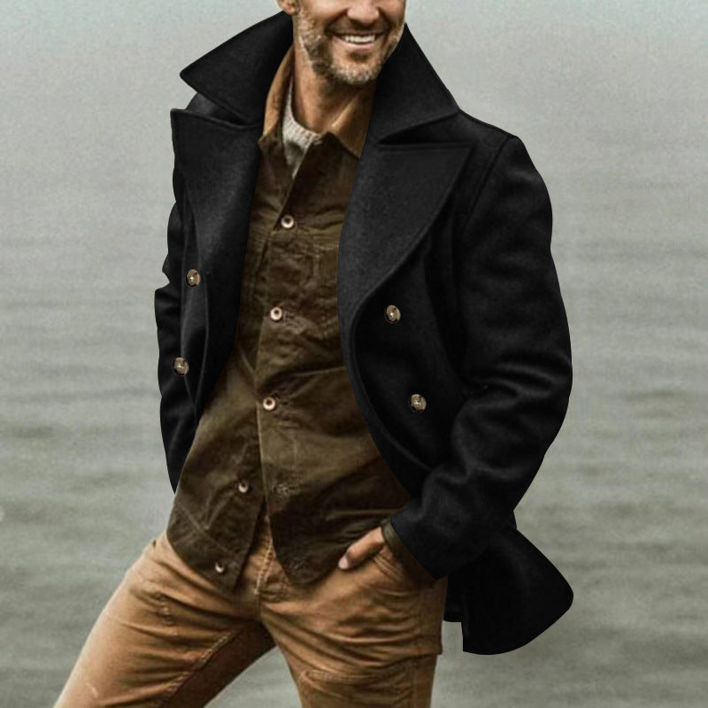 Men's short coat in marine style made of wool blend with double button placket and large lapel Mune Fashion