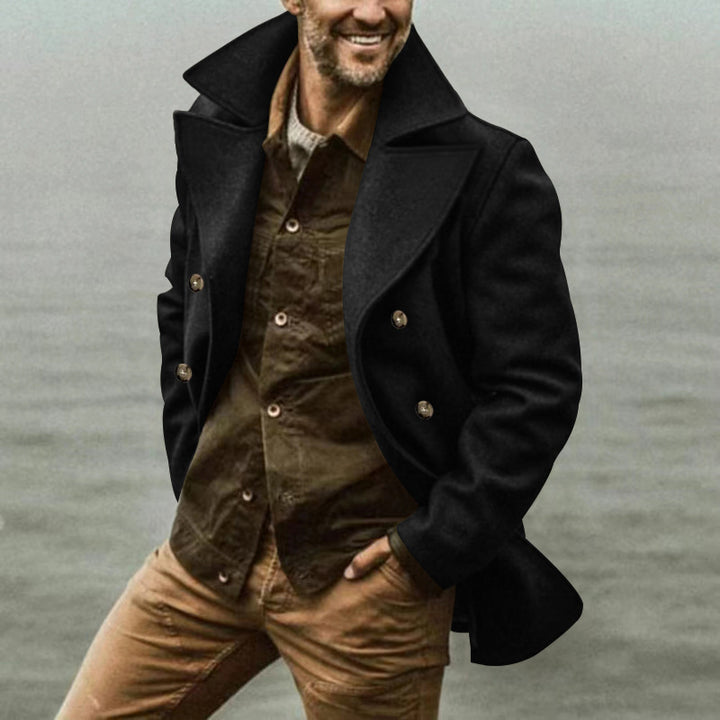 Men's short coat in marine style made of wool blend with double button placket and large lapel Mune Fashion