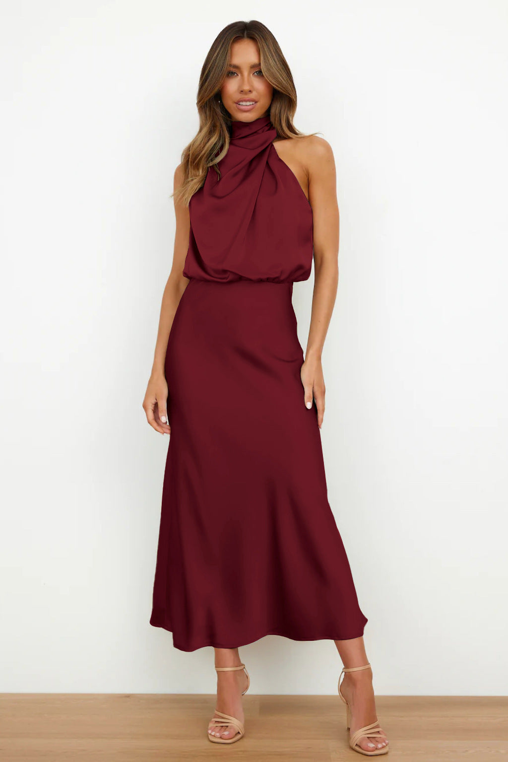 Women Flowing Maxi Dress with Elegant Stand Collar and Draping Mune Fashion