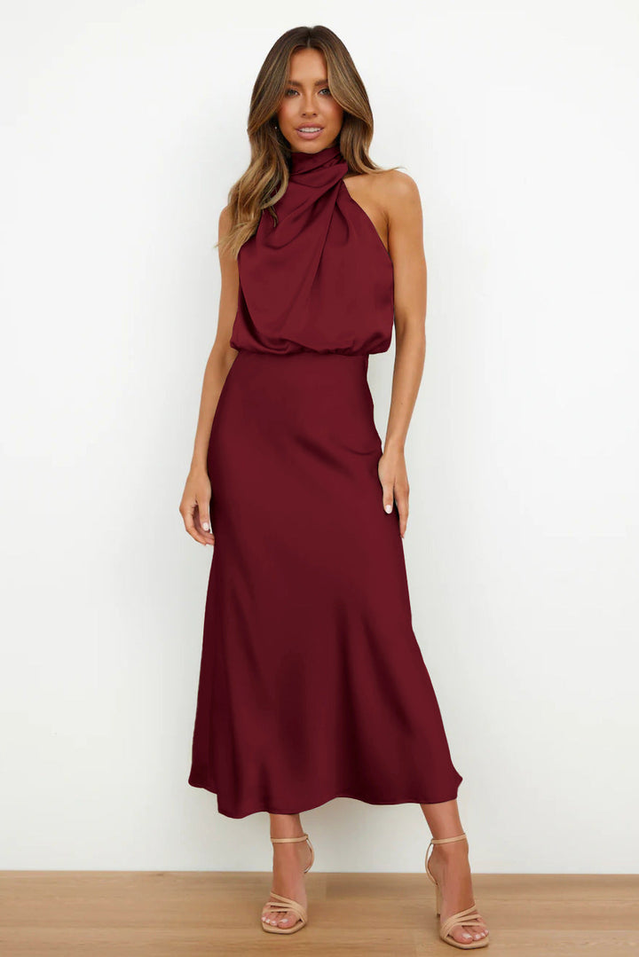 Women Flowing Maxi Dress with Elegant Stand Collar and Draping Mune Fashion