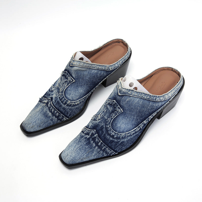 Women nan jeans slipper with pointed toe cap, frayed edge processing and medium high block heel Mune Fashion