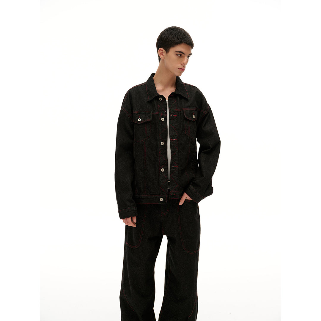 Men's Boxy Denim Jacket with Red Contrast Stitching and Metal Buttons Mune Fashion