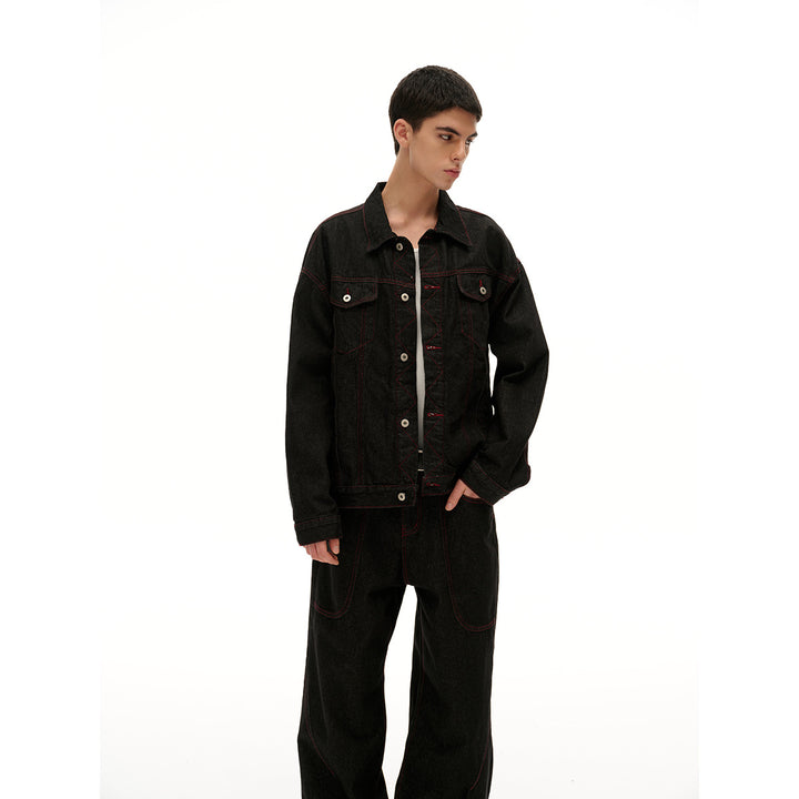 Men's Boxy Denim Jacket with Red Contrast Stitching and Metal Buttons Mune Fashion