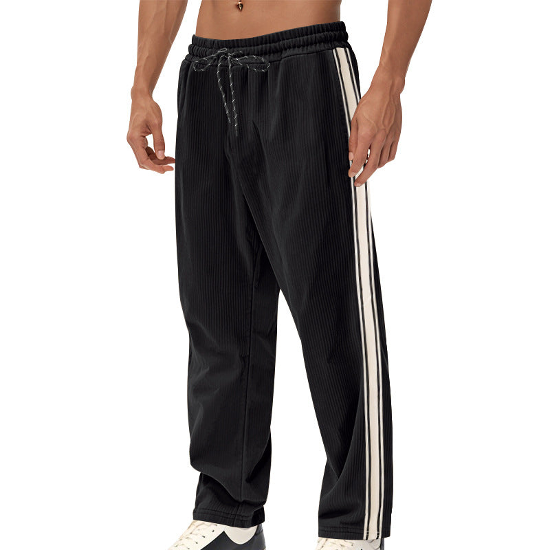 Men's Relaxed Corduroy Look Track Pants with Side Stripes, Elastic Waistband & Drawstring Mune Fashion