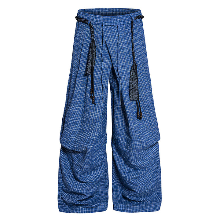 Women's wide palazzo pants with layered pleats, high waistband, and decorative cord belt Mune Fashion