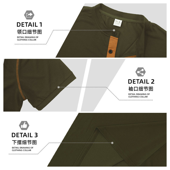 Men's modern short-sleeve Henley with stand collar, contrast stitching, and patch chest pocket Mune Fashion