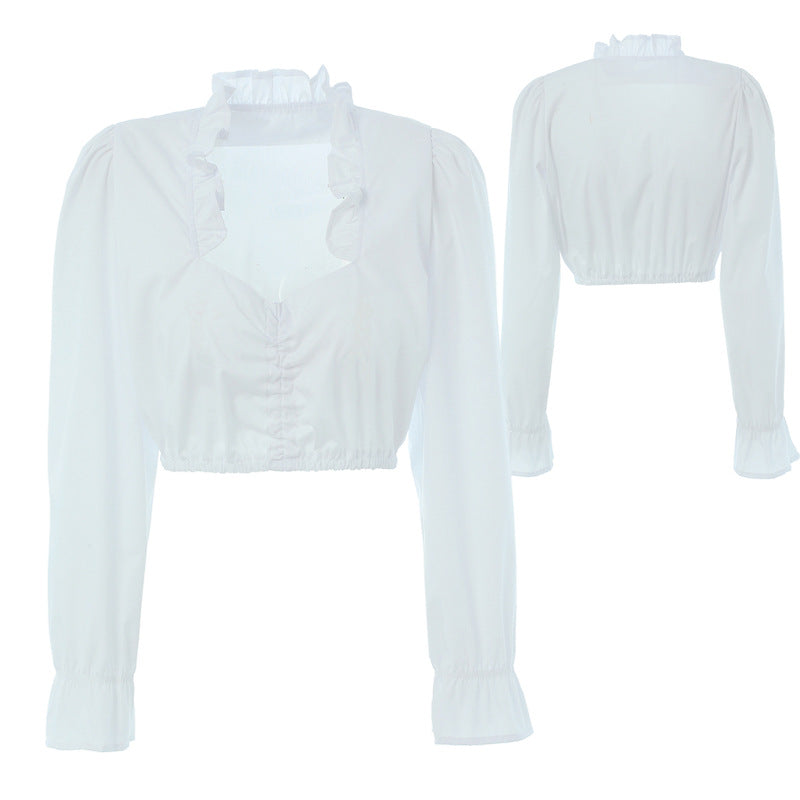 Women's Ruffled Crop Blouse with V-Neck, Gathered Front and Elastic Hem Mune Fashion