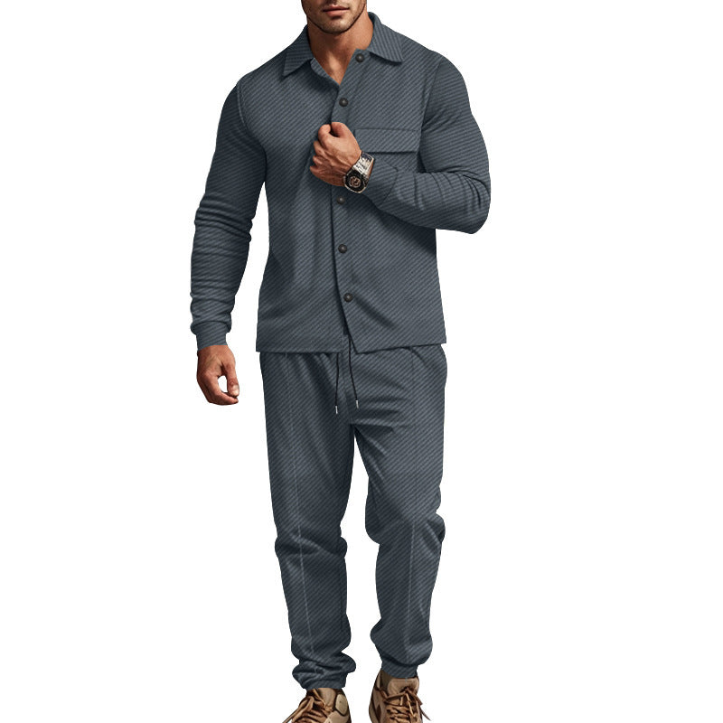 Men's urban lounge two-piece set with shirt jacket, chest pocket, and drawstring joggers made of textured cotton blend Mune Fashion
