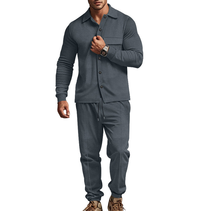 Men's urban lounge two-piece set with shirt jacket, chest pocket, and drawstring joggers made of textured cotton blend Mune Fashion