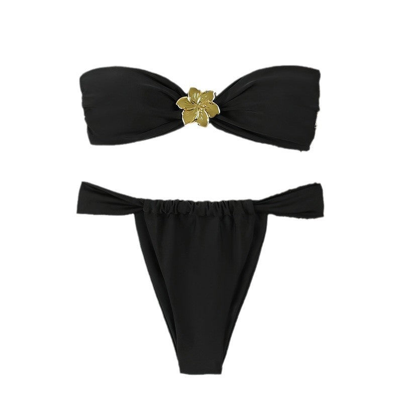 Women's Elegant Bandeau Bikini with Floral Accent Mune Fashion