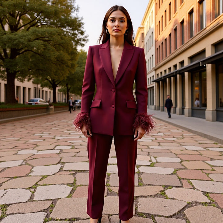 Women's Tailored Pant Suit Set with Feather Trim at the Cuffs Mune Fashion