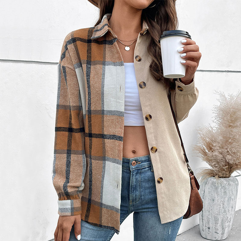 Women's shirt jacket in two-tone check and corduroy mix with oversized cut Mune Fashion