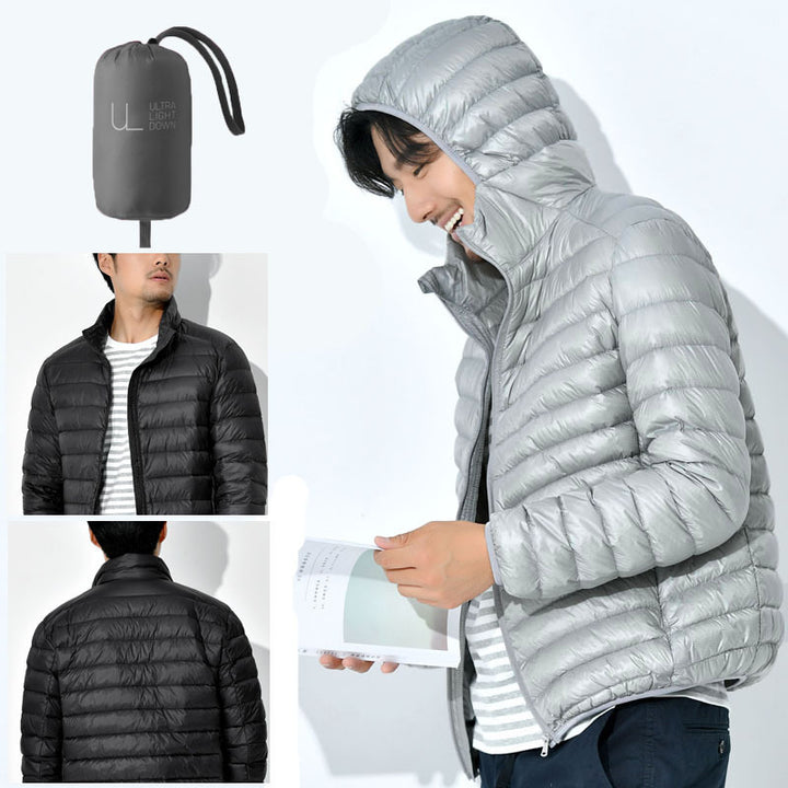 Men's ultralight quilted hooded jacket with wind-resistant shell and compact packing function Mune Fashion