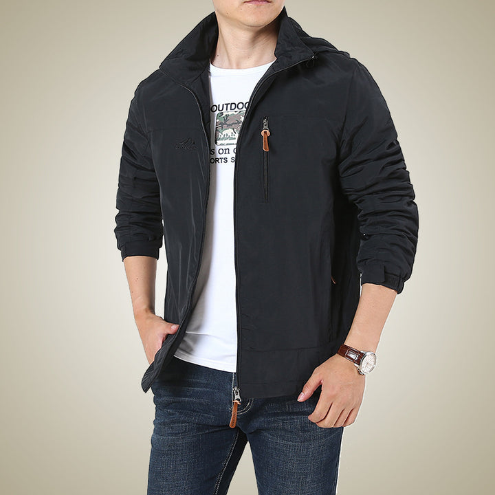 Men's Breathable Softshell Windbreaker Jacket with Concealed Hood and Utility Chest Pocket Mune Fashion