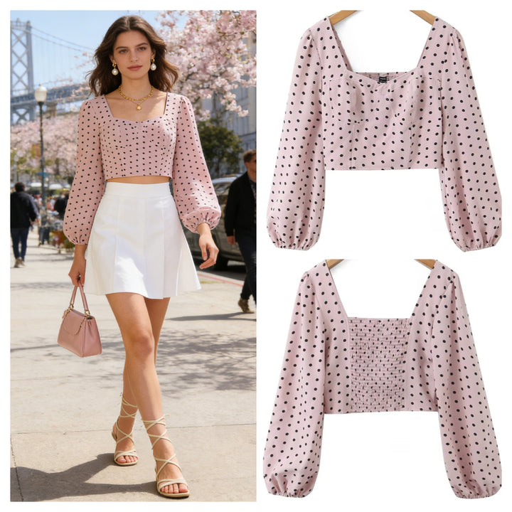 Ladies Polka Dot Bustier Crop Top with Puff Sleeves and Square Neckline Mune Fashion
