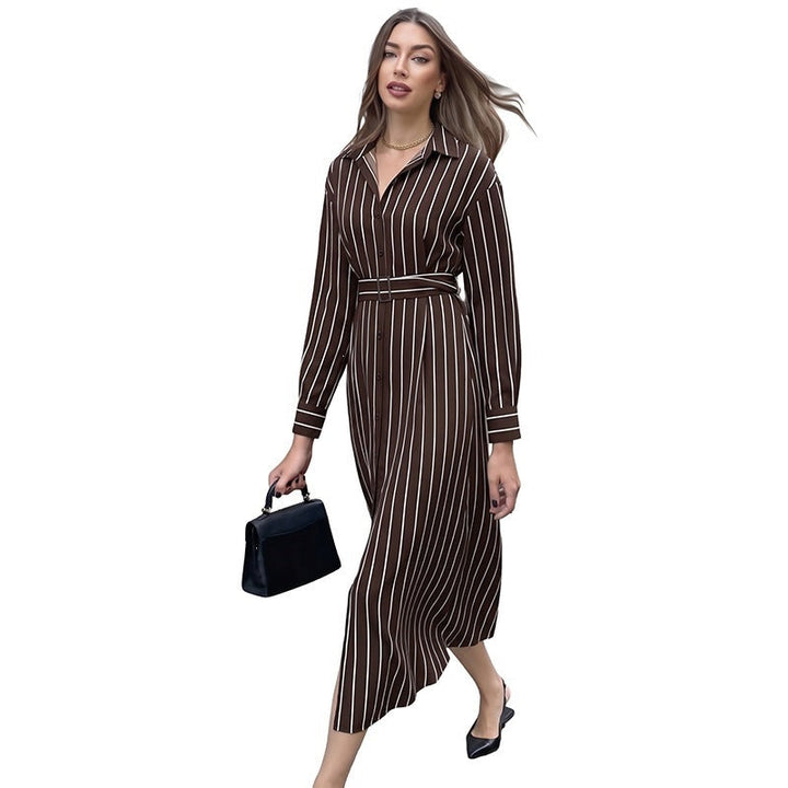 Women's Shirt Dress with Waist Belt and Vertical Pinstripe Mune Fashion